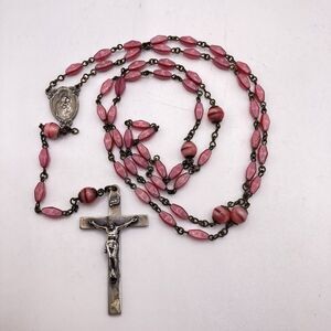 VTG Catholic Rosary Pink Swirl Glass Beads, Crucifix & Center Medal READ